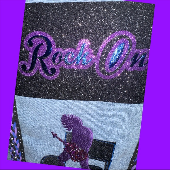 Rock  On Embroidered Guitarist & Music Note Denim Vest - Picture 5 of 11
